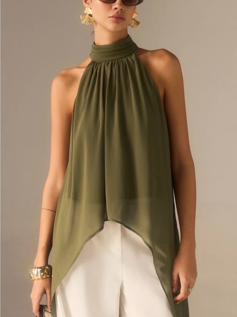 Commense Olive High Neck Flowy Top